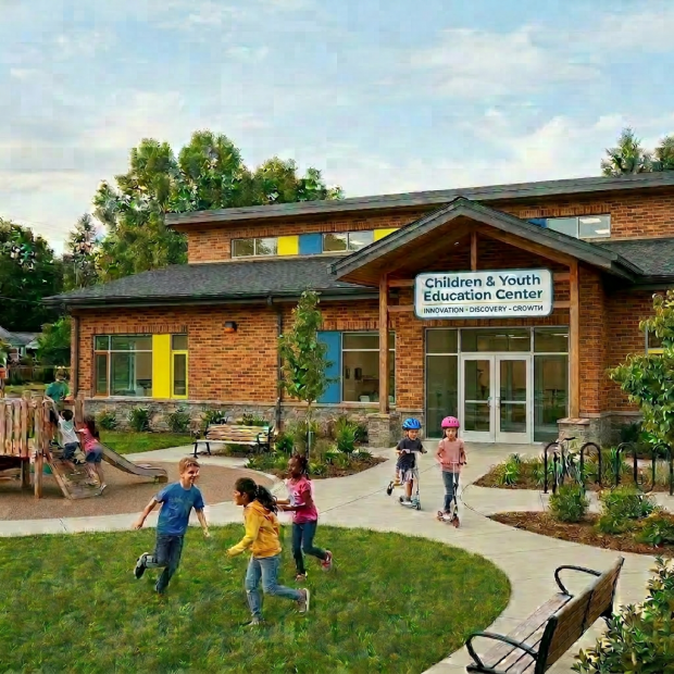 Children playing outside Oakwood Child and Youth Center with playground and lawn