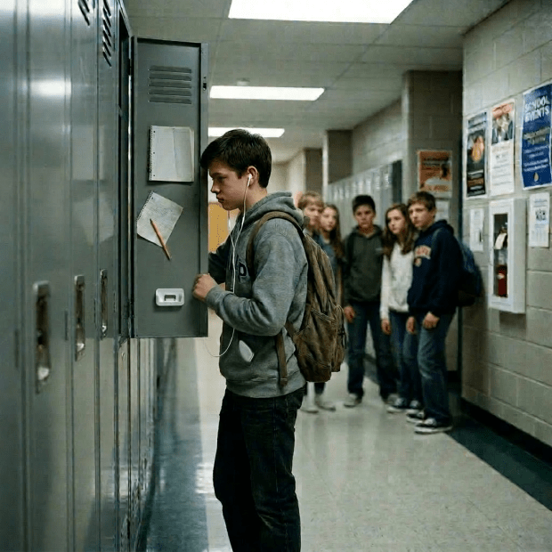 A teenage boy wearing headphones and a backpack stands at an open locker in a school hallway while a group of students watch from a distance