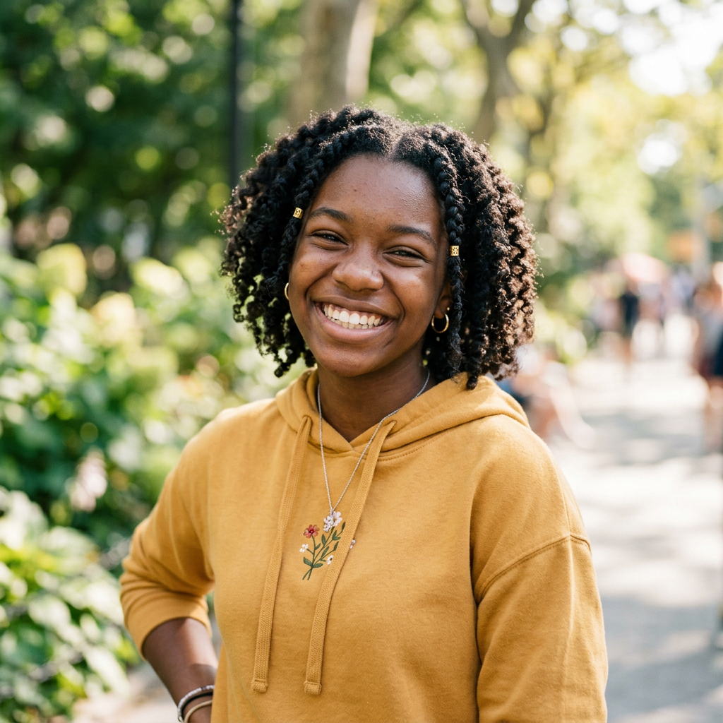 Smiling young woman with curly hair wearing a mustard yellow hoodie outdoors