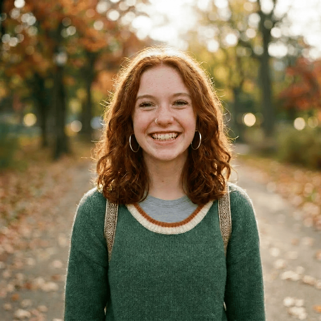 Smiling young woman with curly red hair wearing a green sweater outdoors in autumn