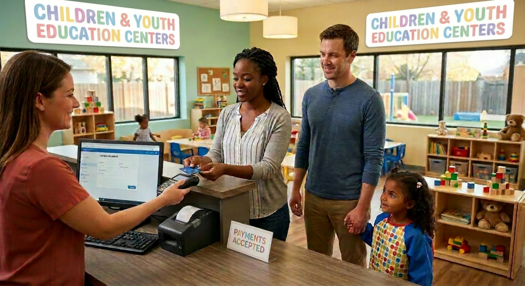Parents paying tuition at daycare front desk with child