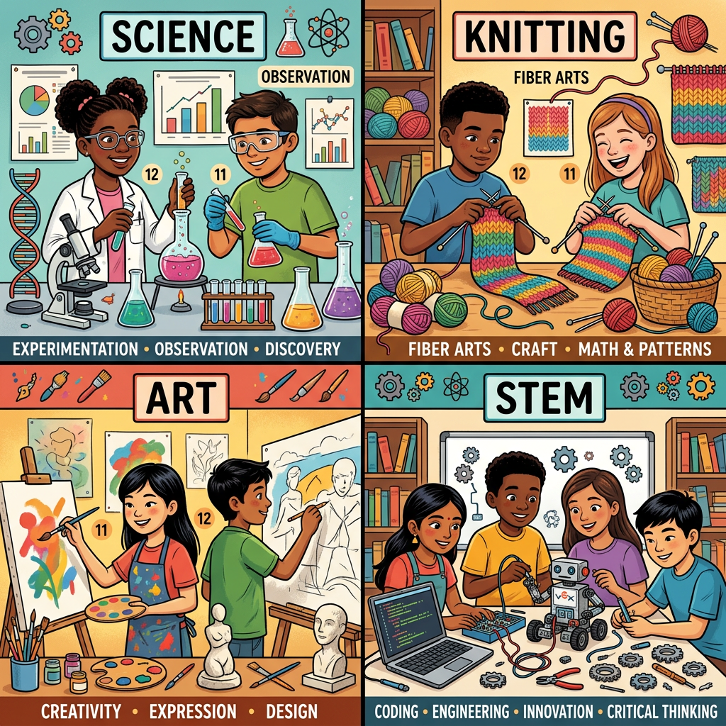 Children participating in science experiments, knitting colorful scarves, painting art, and building a robot with coding and engineering tools.
