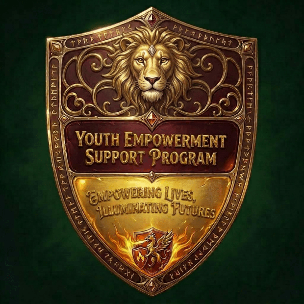 Poster promoting youth leadership against bullying with a group of young people in medieval attire standing in a school hallway with lockers